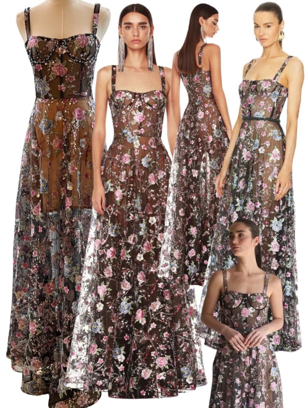 🆕 BRONX & BANCO 🧿 NWOT Midnight Embroidered Floral & Pearl Gown, Sz XS US 2